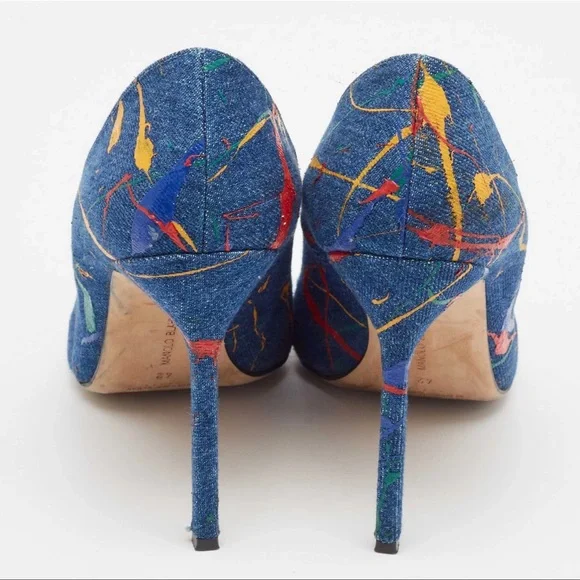 Manolo Blahnik Denim Paint-Splatter Pumps, Size 42 - Picture 6 of 9